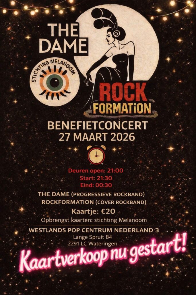 Poster met informatie over benefietconcert 27 maart Start 21.00 uur tot 01.00 uur. Bij WPC NED3 te Wateringen. Kaartjes 20 euro. aan de deur 22,50
